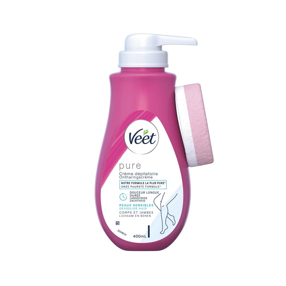 Roze fles met witte pomp en spatel. Opschrift Veet Pure. Bevat 400ml.