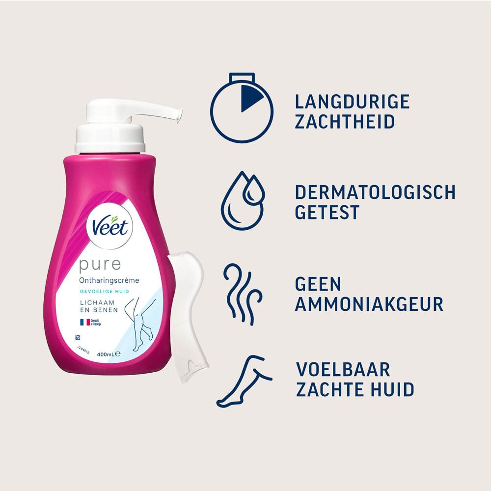 Roze fles met witte pomp en spatel. Opschrift Veet Pure. Bevat 400ml.