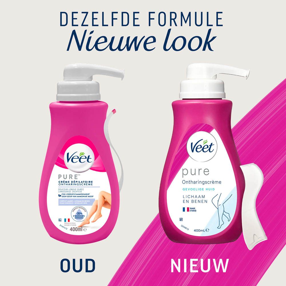 Roze fles met witte pomp, verpakt in folie. Opschrift Veet Pure. Bevat 400ml.