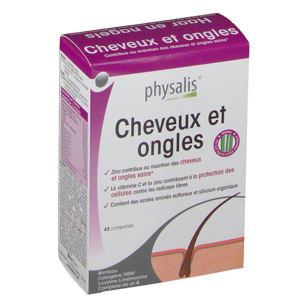 Boîte avec nom du produit et logo. Texte en français. 45 comprimés. Illustration de cheveux et de peau.