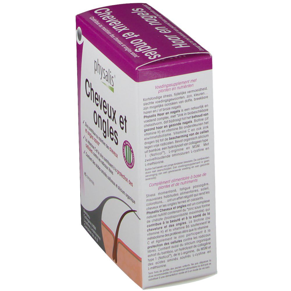 Boîte, vue en biais. Nom du produit et logo. Texte en français et néerlandais. Illustration de cheveux et de peau.