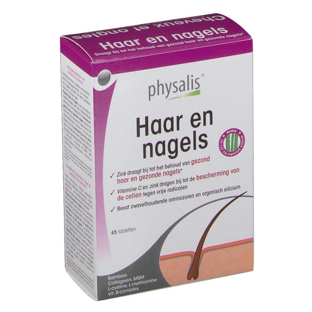 Boîte avec nom du produit et logo. Texte en néerlandais. 45 comprimés. Illustration de cheveux et de peau.