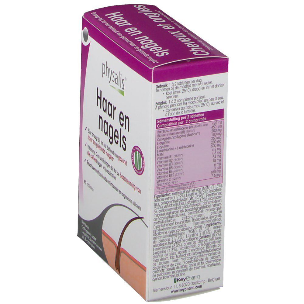 Boîte, vue en biais. Nom du produit et logo. Texte en néerlandais. Tableau nutritionnel. Illustration de cheveux et de peau.