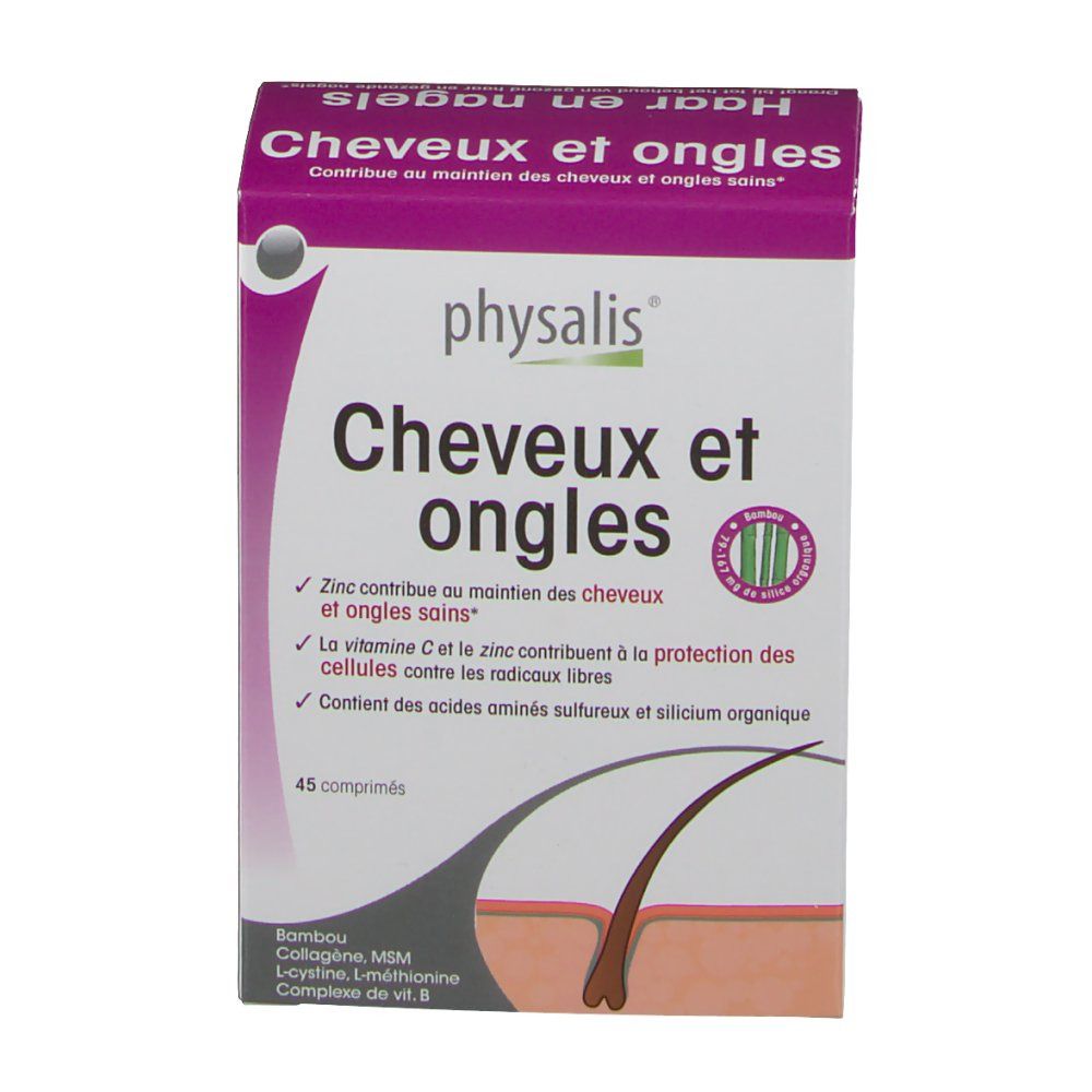 Boîte avec nom du produit et logo. Texte en français. 45 comprimés. Illustration de cheveux et de peau.