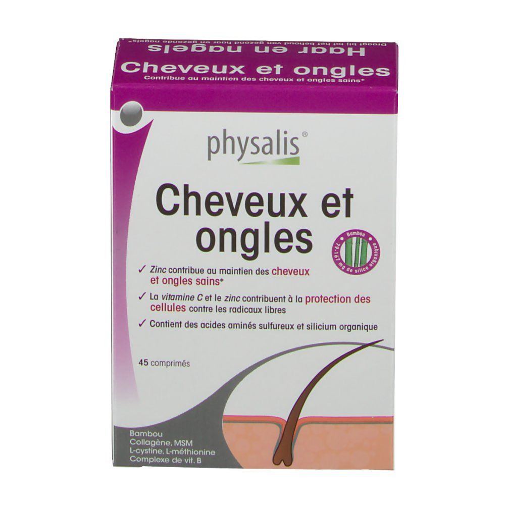 Boîte avec nom du produit et logo. Texte en français. 45 comprimés. Illustration de cheveux et de peau.