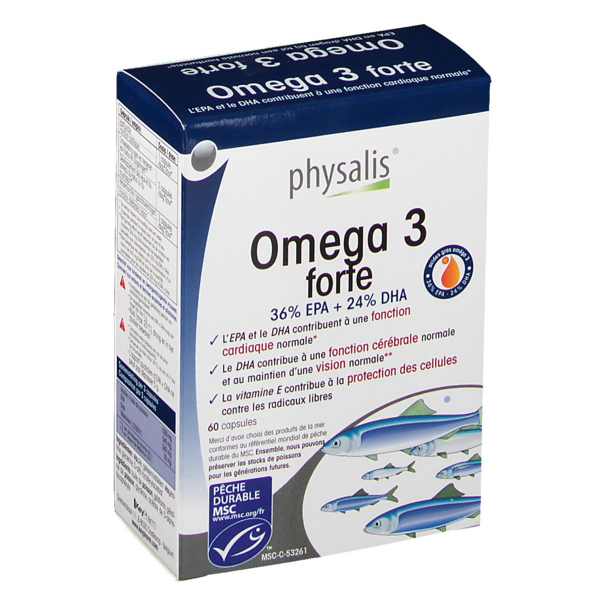 Boîte de Physalis Omega 3 forte. Emballage bleu et blanc avec nom du produit et illustration de poissons. Contient 60 capsules.