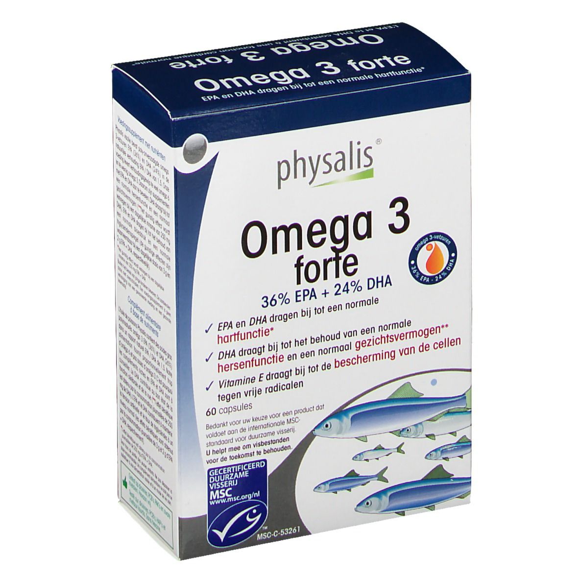 Boîte de Physalis Omega 3 forte. Emballage bleu et blanc avec nom du produit et illustration de poissons. Contient 60 capsules.