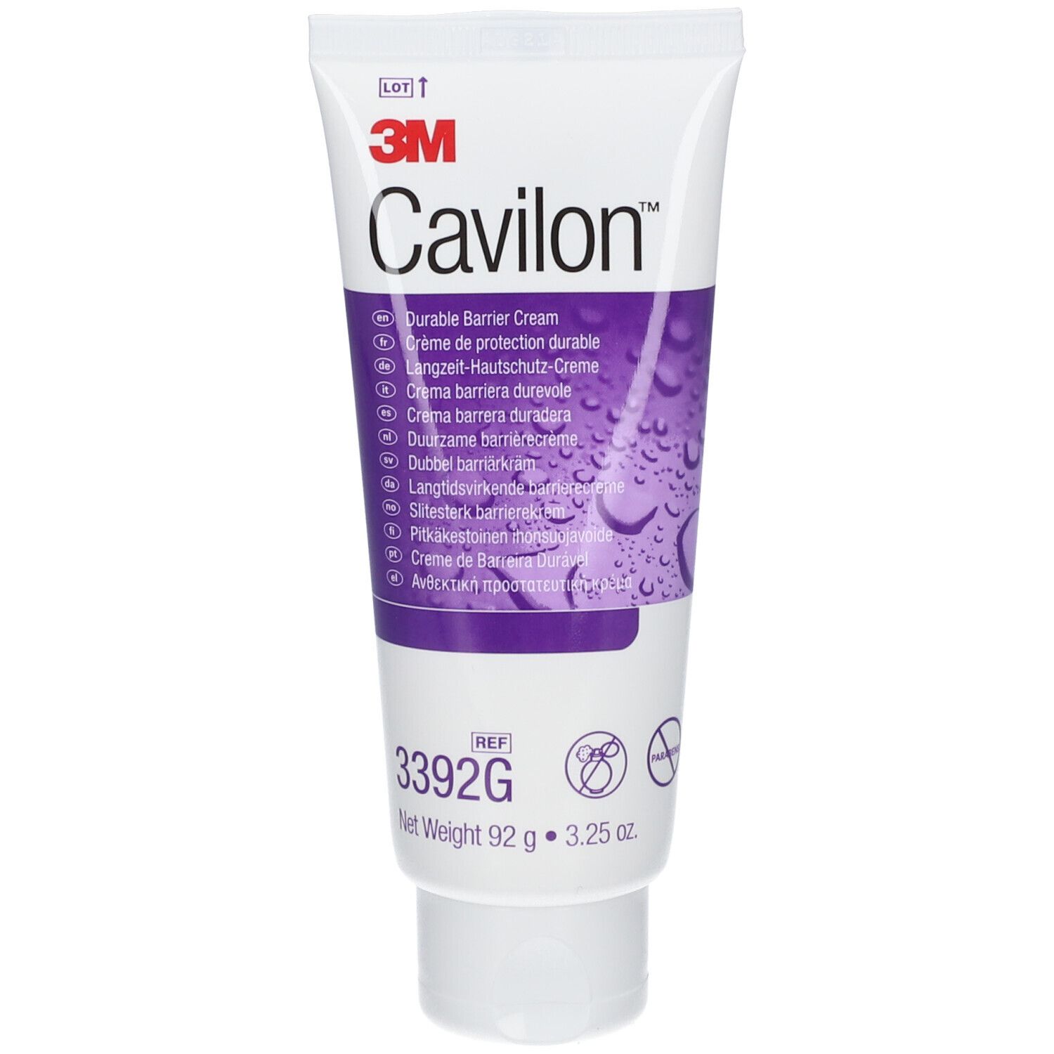 Tube de Cavilon Crème Barrière. Logo 3M. Nom du produit et libellés multilingues. Réf. 3392G. 92g.