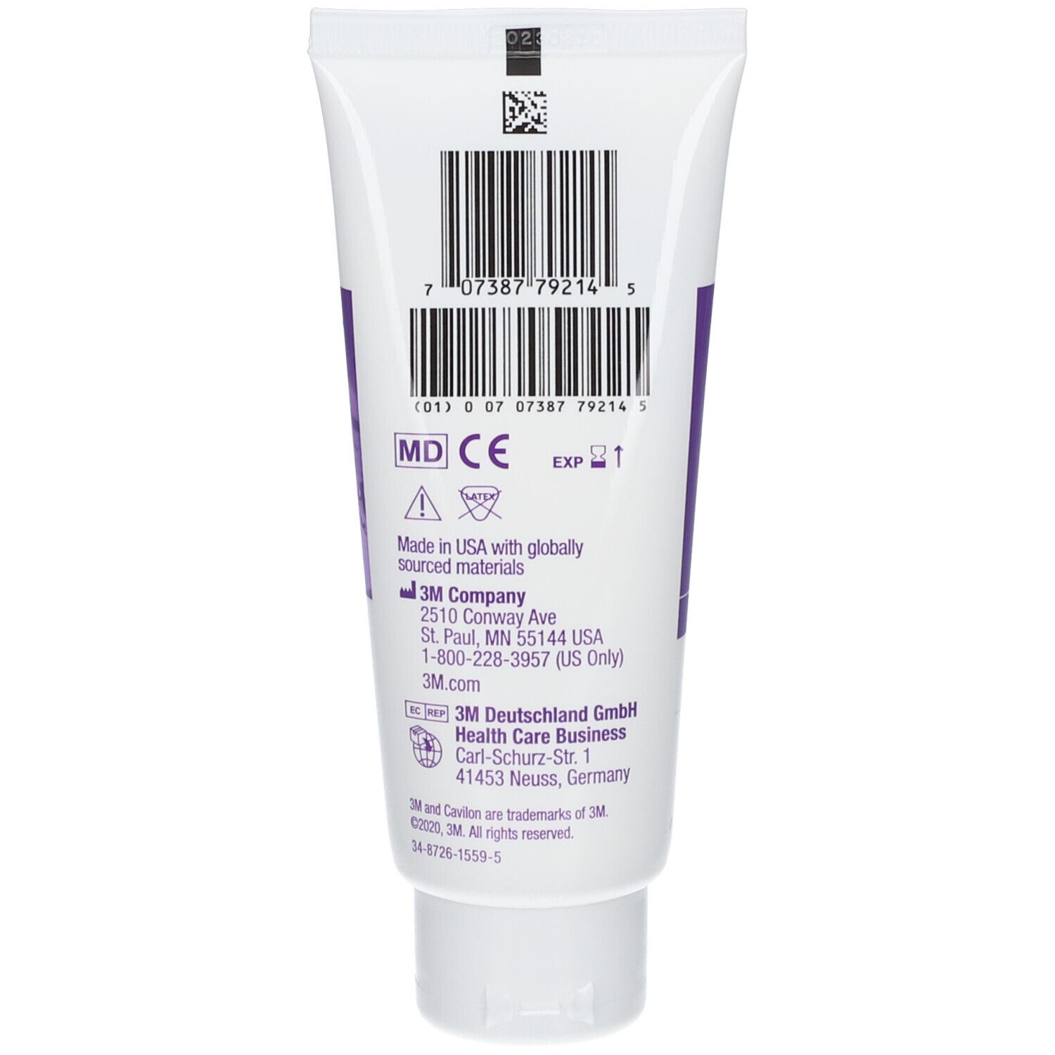 Dos du tube de Cavilon Crème Barrière. Code-barres, marquage MD, logo 3M et coordonnées.