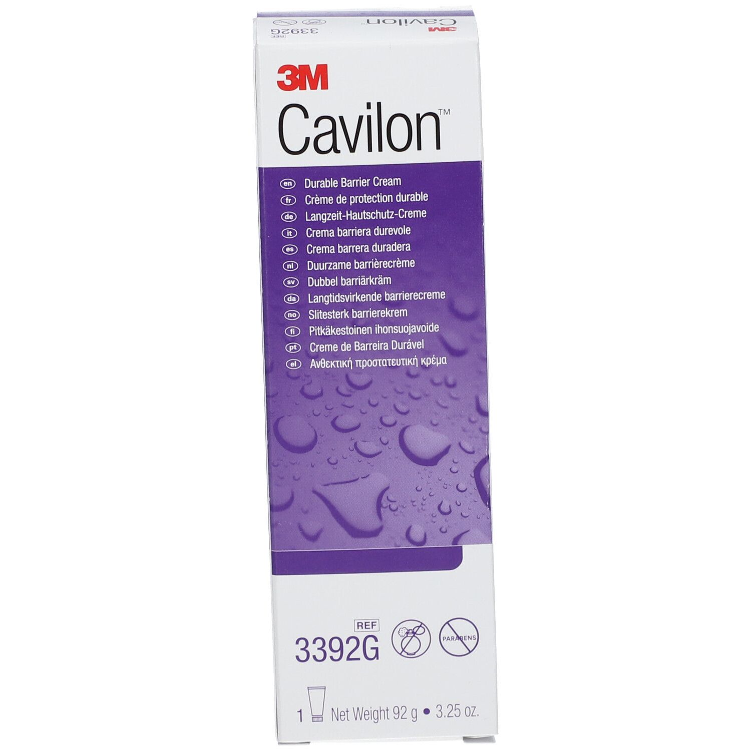 Boîte de Cavilon Crème Barrière. Logo 3M. Nom du produit et libellés multilingues. Réf. 3392G.