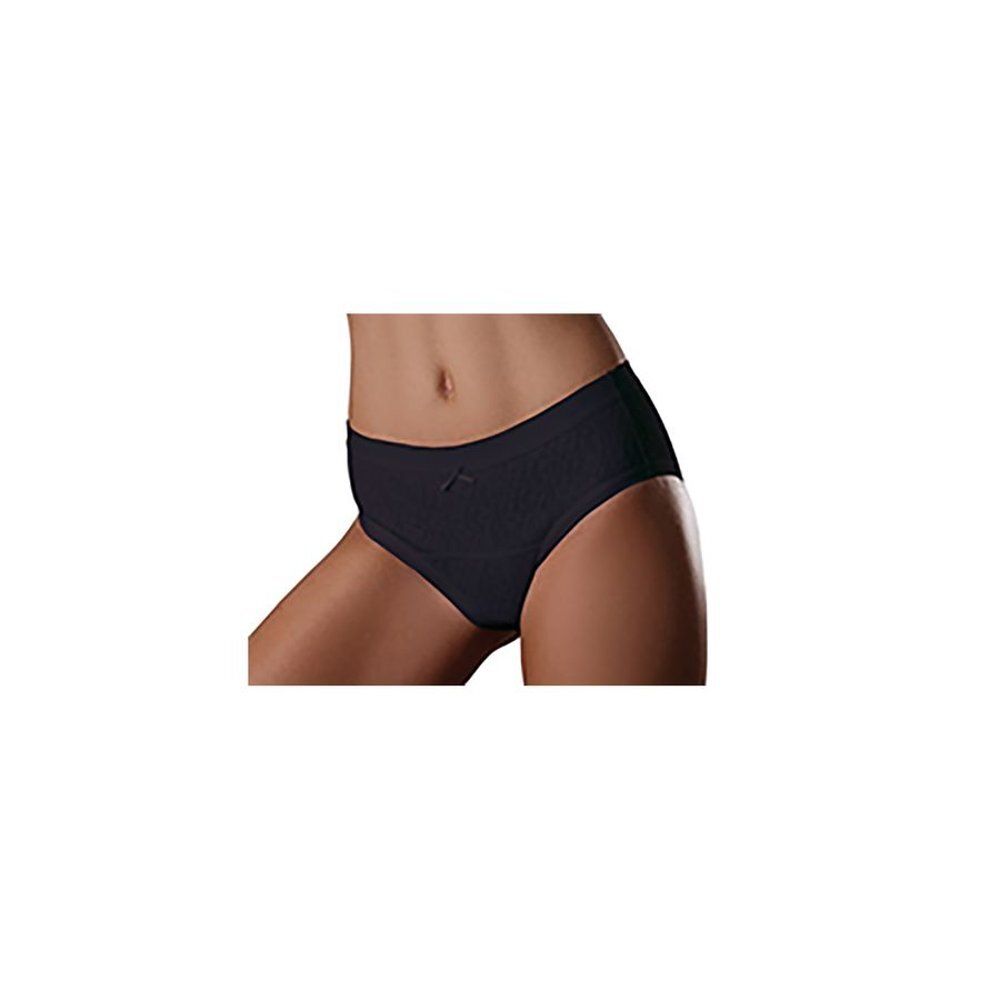 Culotte noire, légèrement texturée, avec petit détail devant. Vue sur une personne, hanches et cuisses visibles.