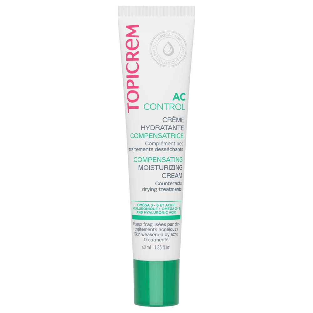 Witte tube met groene dop. TOPICREM-logo. AC Control Crème Hydratante Compensatrice. 40 ml. Hydraterende crème.