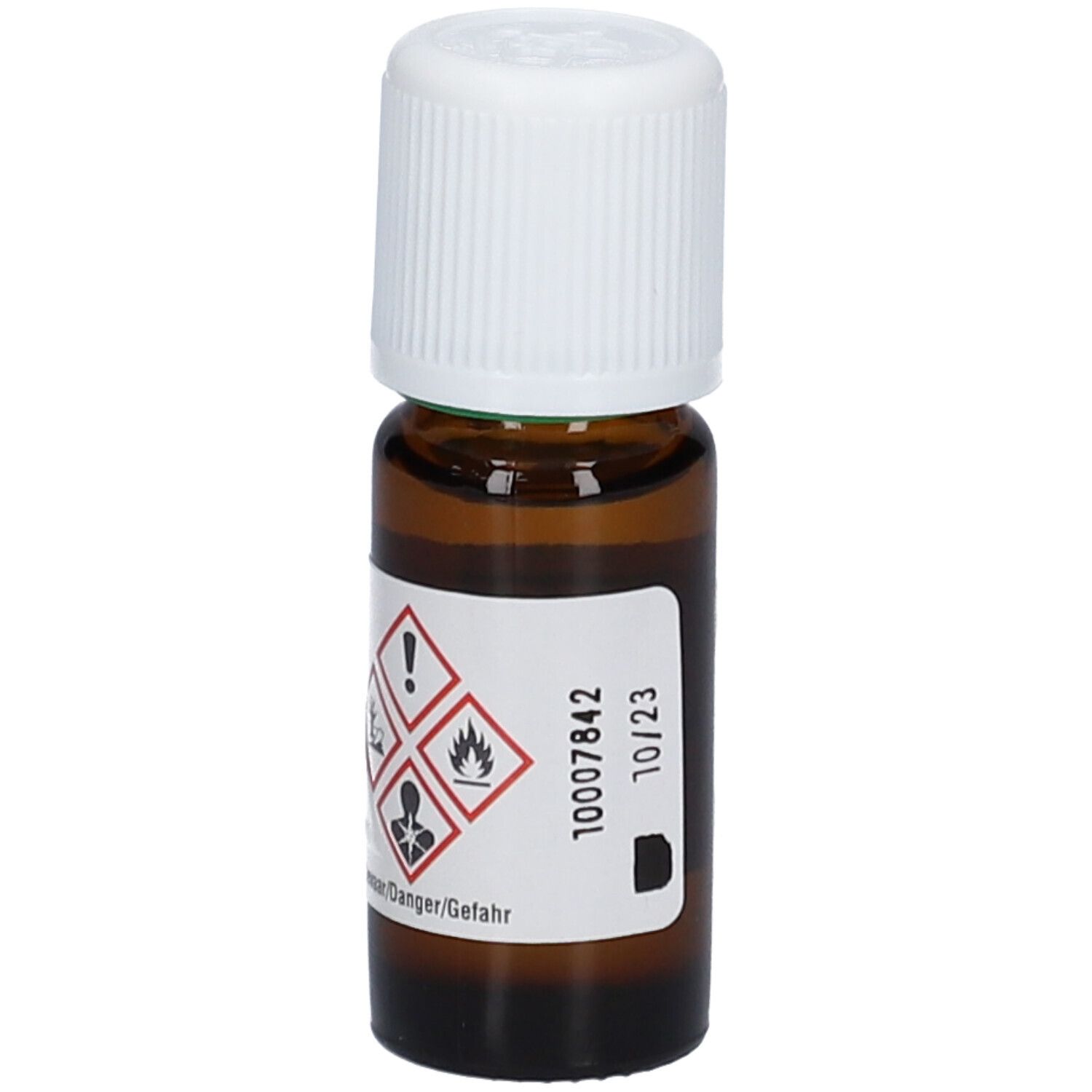 Flacon en verre brun avec bouchon à vis blanc. Étiquette avec symboles de danger et date de péremption. Avertissements.