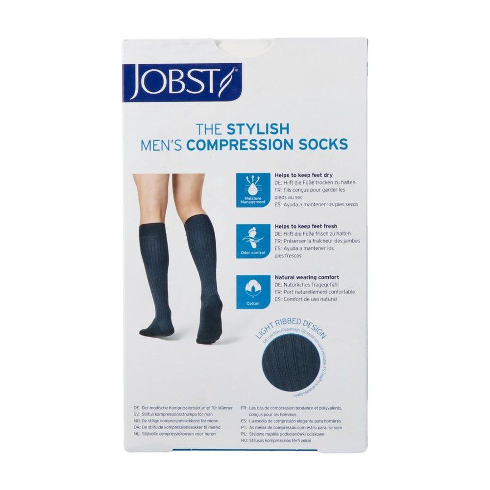 Emballage pour chaussettes de compression JOBST pour hommes, bleu foncé, avec un design côtelé.
