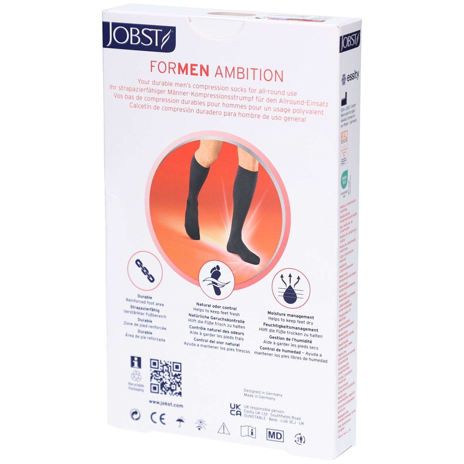 Achterkant van de verpakking JOBST ForMen Ambition. Zwarte kousen op rode achtergrond. Tekst en logo's.