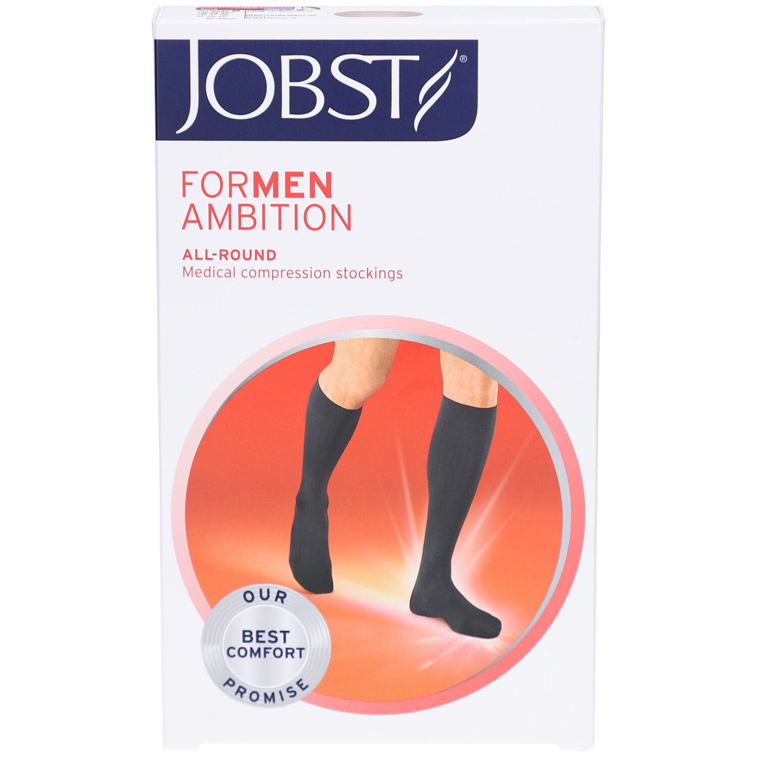 Verpakking van JOBST ForMen Ambition compressiekousen. Zwarte kousen op rode achtergrond. Tekst: BEST COMFORT PROMISE.
