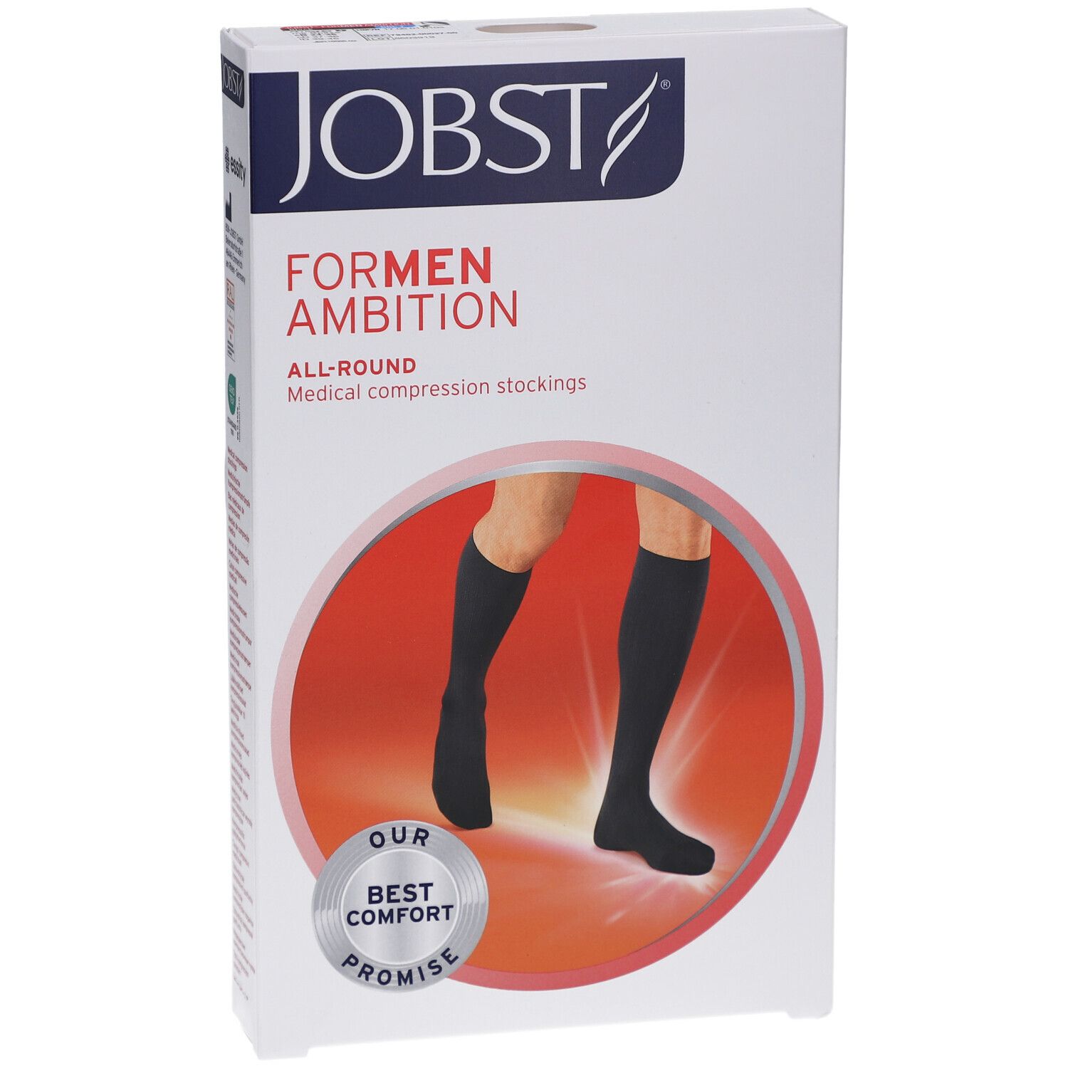 Verpakking van JOBST ForMen Ambition compressiekousen. Zwarte kousen op rode achtergrond. Tekst: BEST COMFORT PROMISE.