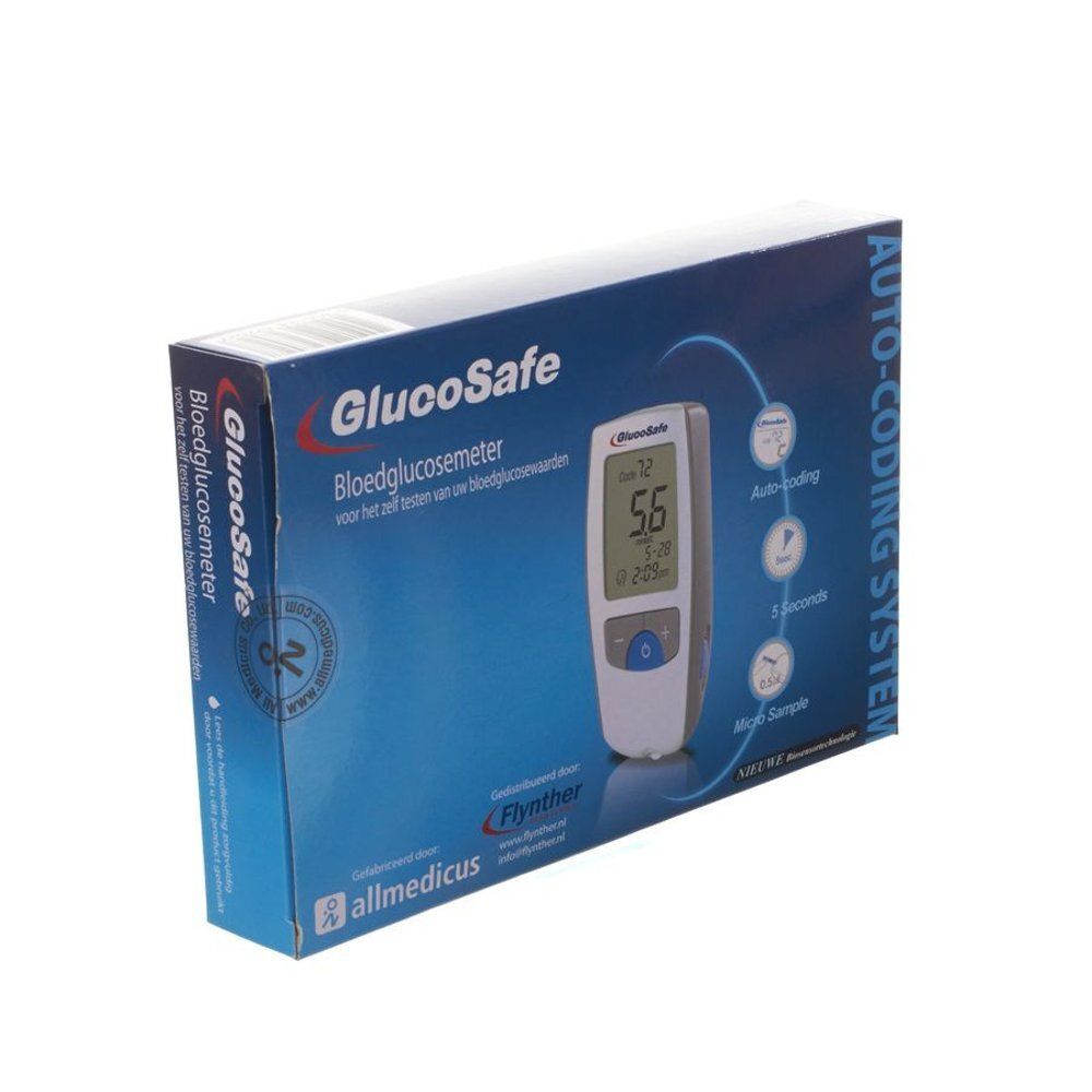 Schuine verpakking met Glucosafe bloedglucosemeter. Apparaat toont 5,6. Blauw en wit kleurenschema. Auto-coderingssysteem.