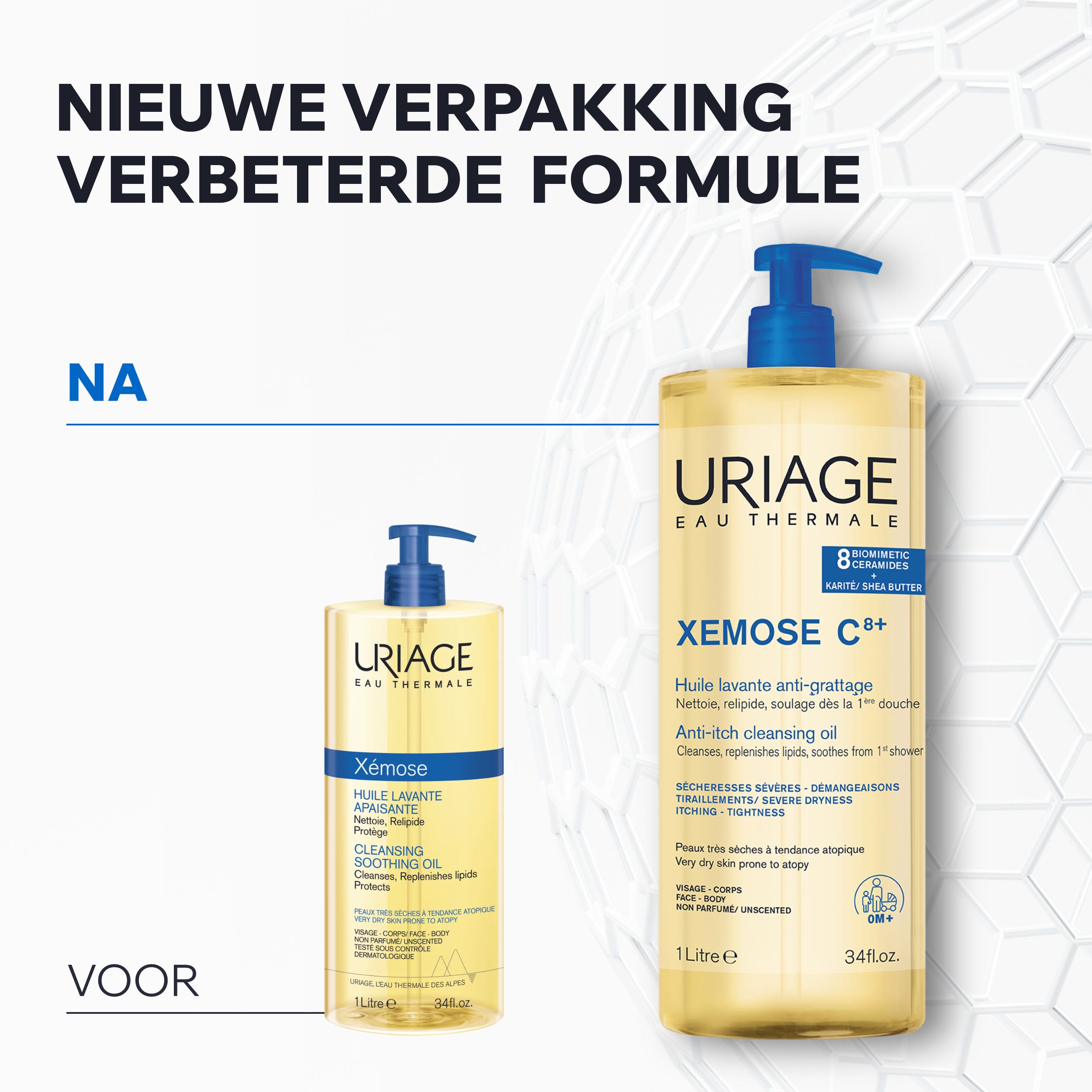 Uriage Xémose C+ Anti-jeuk reinigingsolie. Fles met blauwe pomp. Gele vloeistof.