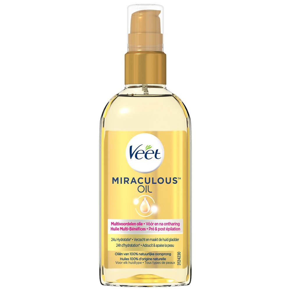 Veet Miraculous™ Oil fles met gouden pomp. Opschrift: Miraculous Oil, olie voor en na ontharing.