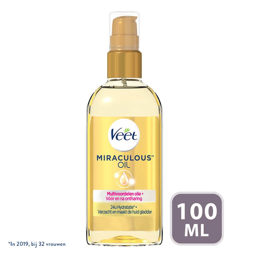 Veet Miraculous™ Oil fles met gouden pomp. Opschrift: Miraculous Oil, olie voor en na ontharing. 100 ml.
