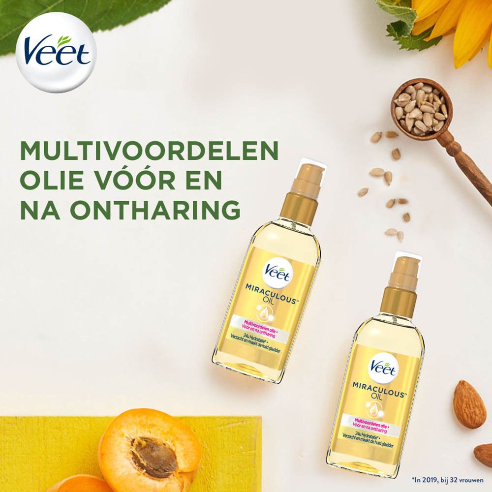 Twee Veet Miraculous™ Oil flessen, daarnaast zonnebloempitten, abrikozen en amandelen. Opschrift: Miraculous Oil.