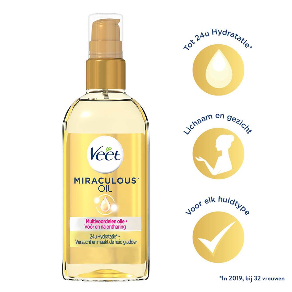 Veet Miraculous™ Oil fles met gouden pomp. Opschrift: Miraculous Oil, olie voor en na ontharing. Symbolen.