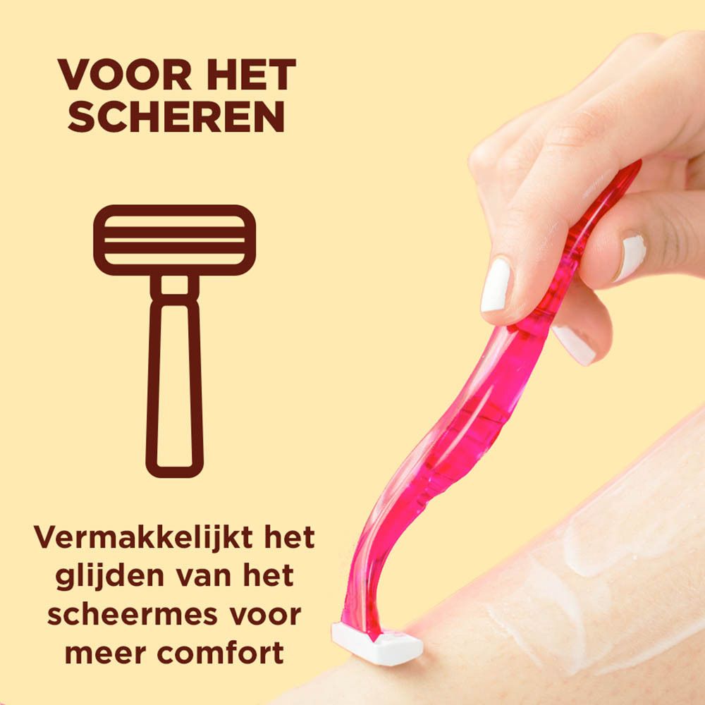 Hand met scheermes op been. Opschrift: Vergemakkelijkt het glijden van het scheermes voor meer comfort.