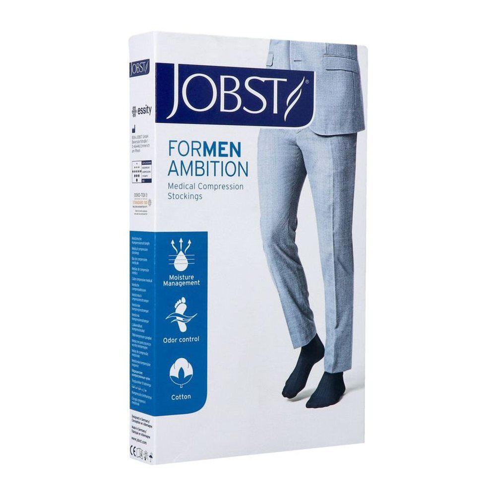 Emballage de bas de compression médicale JOBST FORMEN AMBITION. Icônes pour gestion de l'humidité, contrôle des odeurs et coton.