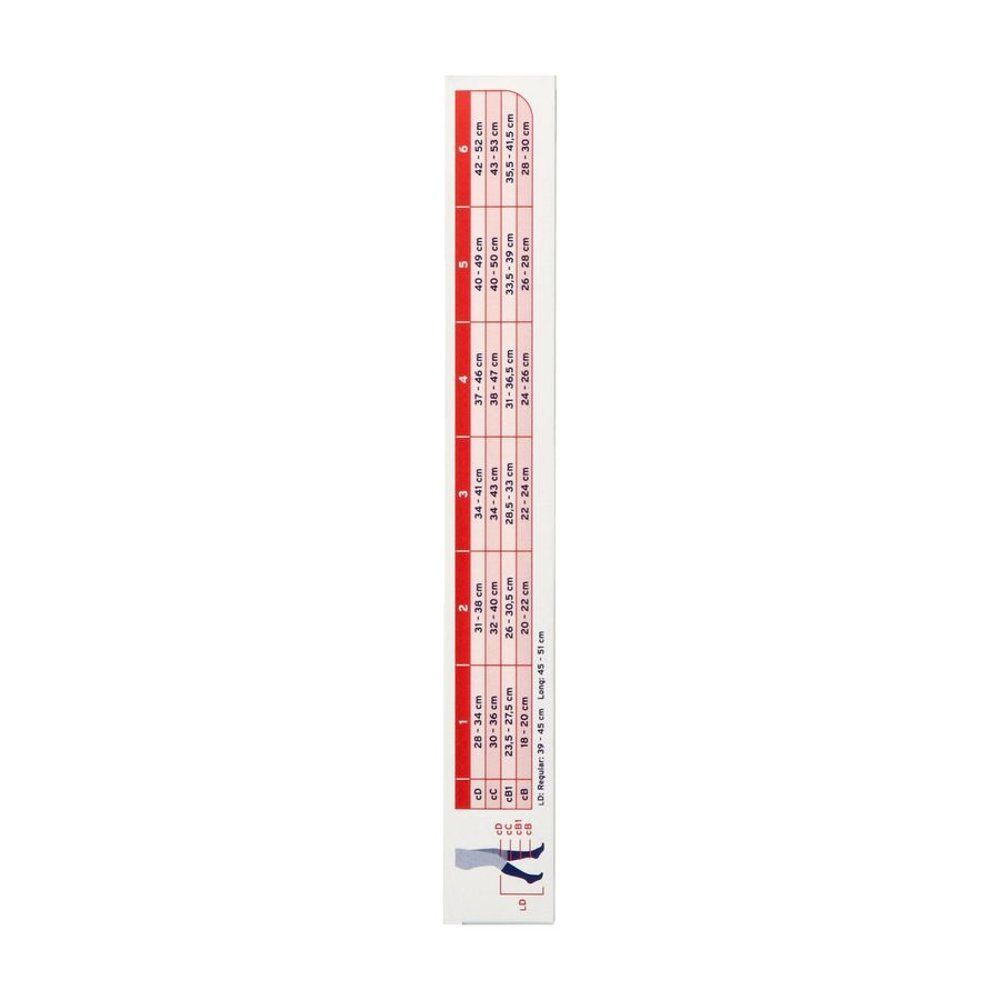 Tableau des tailles pour bas de compression avec mesures en cm pour le tour de jambe et la longueur.