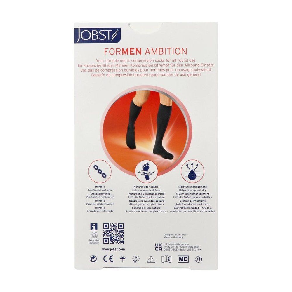 Jobst Formens Ambition compressiekousen voor heren, zwart. Verpakking met afbeelding van benen in kousen en productkenmerken.