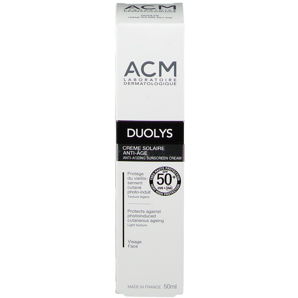Emballage du produit. Inscription: ACM, Duolys, SPF 50+. Avec emballage.