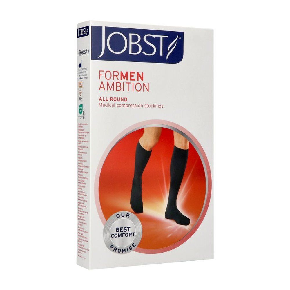 Verpakking met compressiekousen. Zwarte kniekousen, illustratie. Tekst: JOBST, FORMEN AMBITION, ALL-ROUND. Kwaliteitslabels.