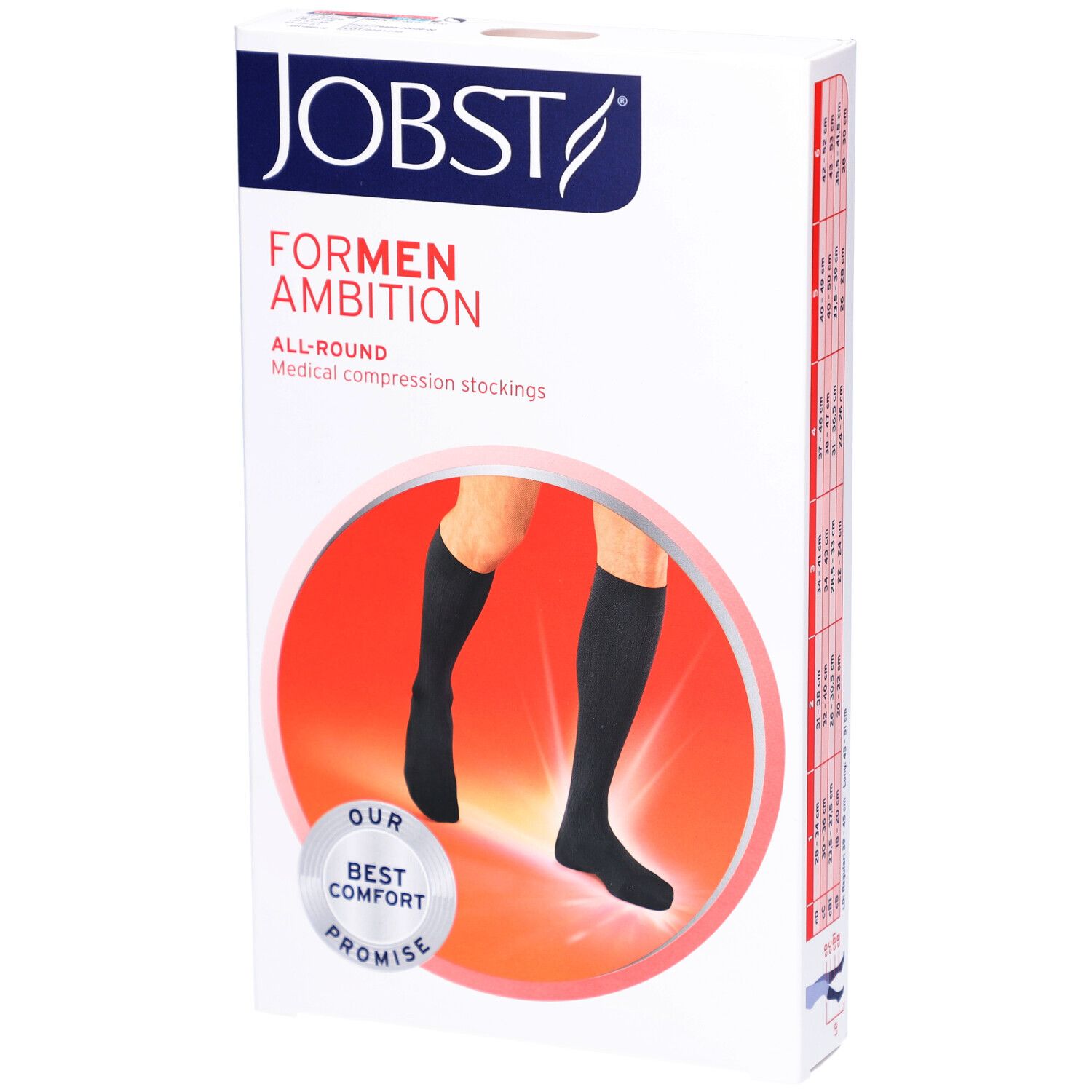 Verpakking met zwarte compressiekousen. Tekst FOR MEN AMBITION en JOBST. Kousen afgebeeld op rode achtergrond.