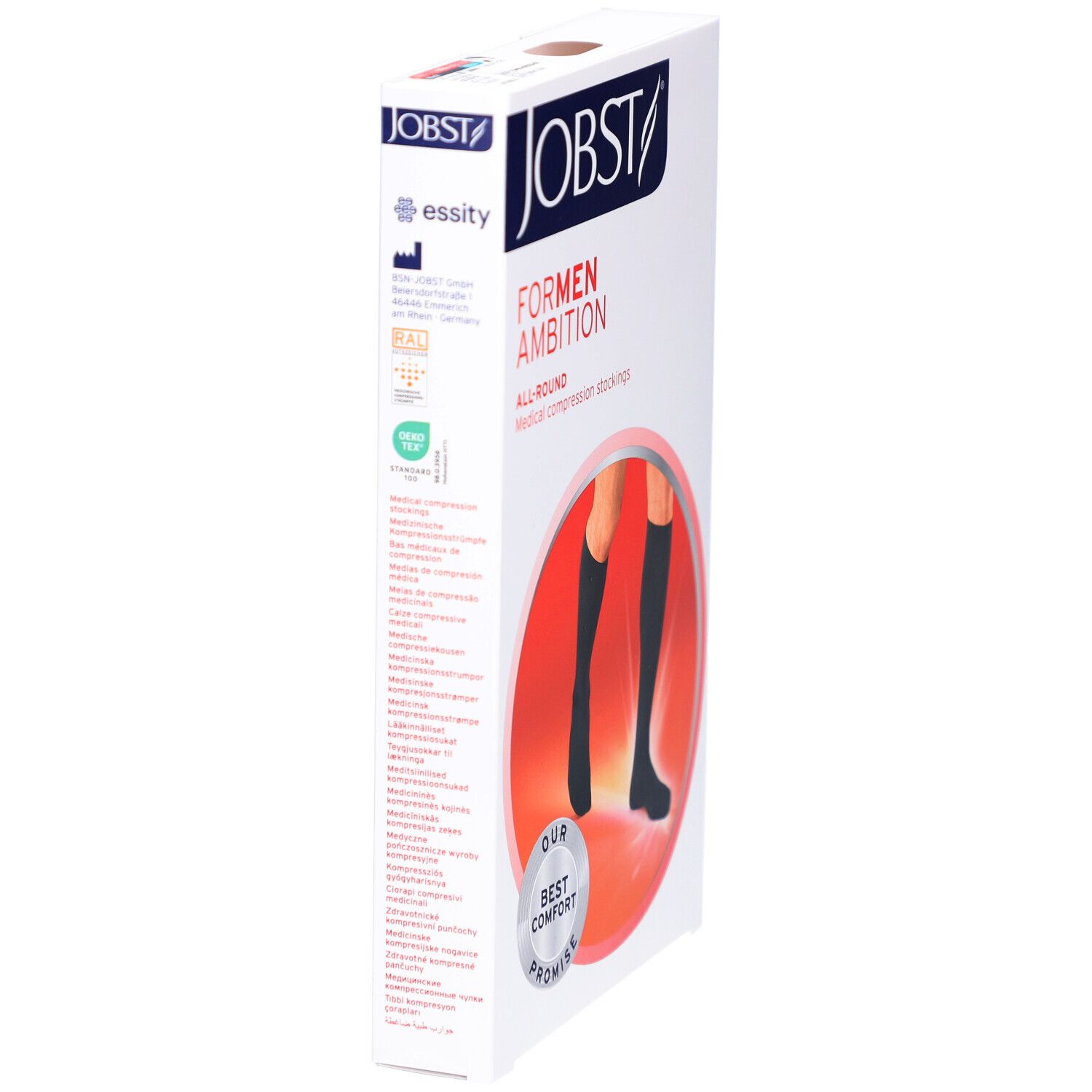 Verpakking met zwarte compressiekousen. Tekst FOR MEN AMBITION en JOBST. Kousen afgebeeld op rode achtergrond.