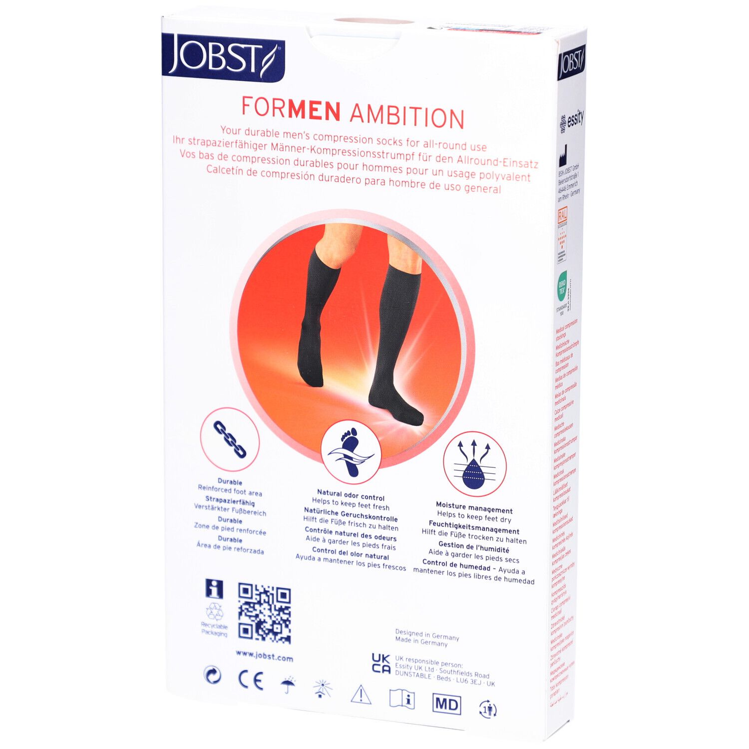 Achterkant van de verpakking met compressiekousen. Tekst FOR MEN AMBITION, JOBST. Illustraties en productkenmerken.