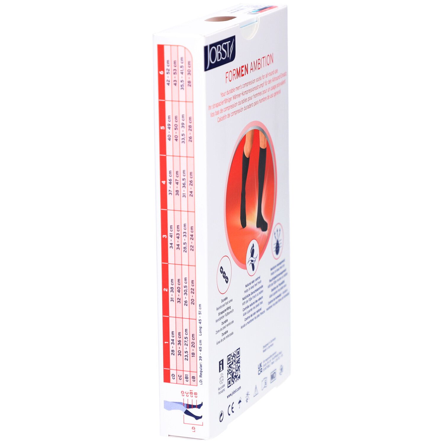 Boîte de bas de compression JOBST For Men Ambition. Tableau des tailles et informations produit.