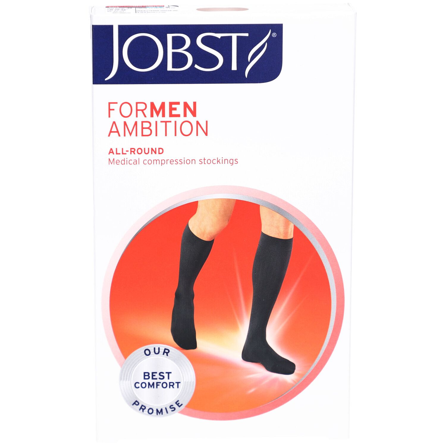 Verpakking met zwarte compressiekousen. Tekst FOR MEN AMBITION en JOBST. Kousen afgebeeld op rode achtergrond.