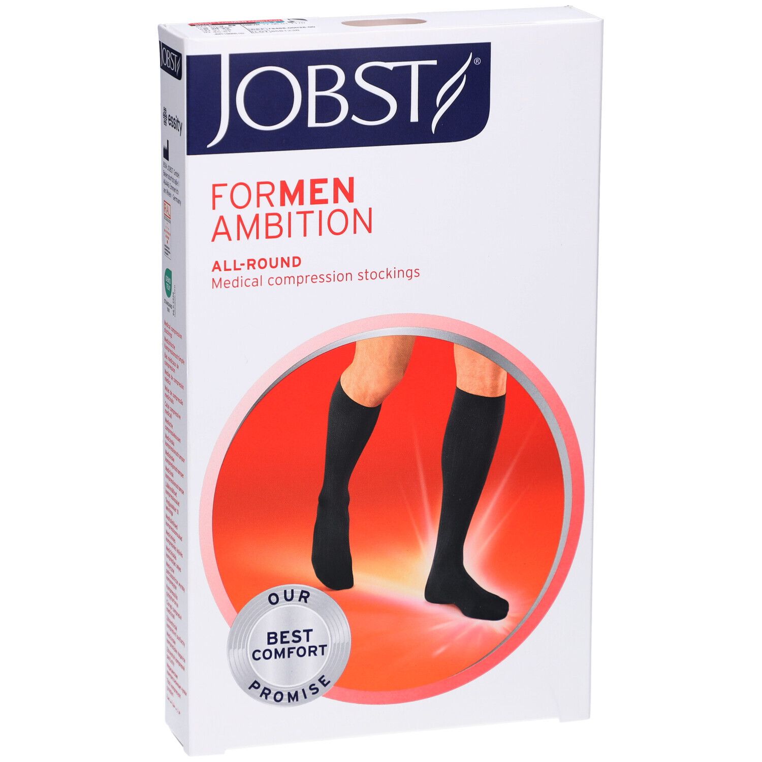 Boîte de bas de compression JOBST For Men Ambition. Bas noirs représentés sur fond rouge.