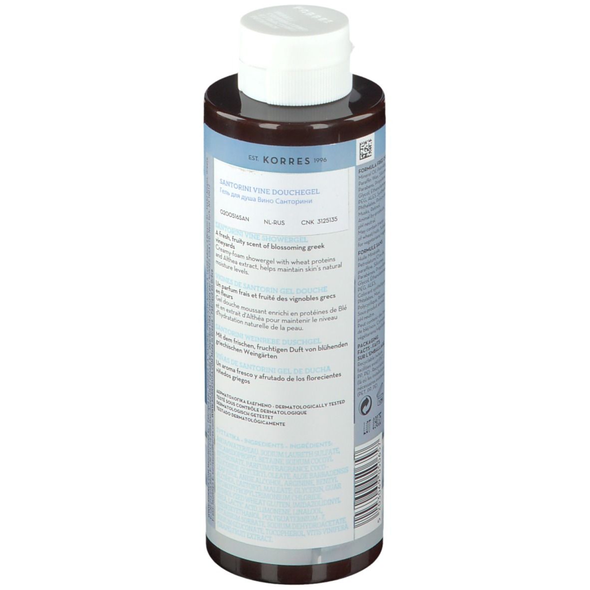 Gel douche KORRES Santorini. Flacon avec étiquette et texte. Dos avec ingrédients et texte.