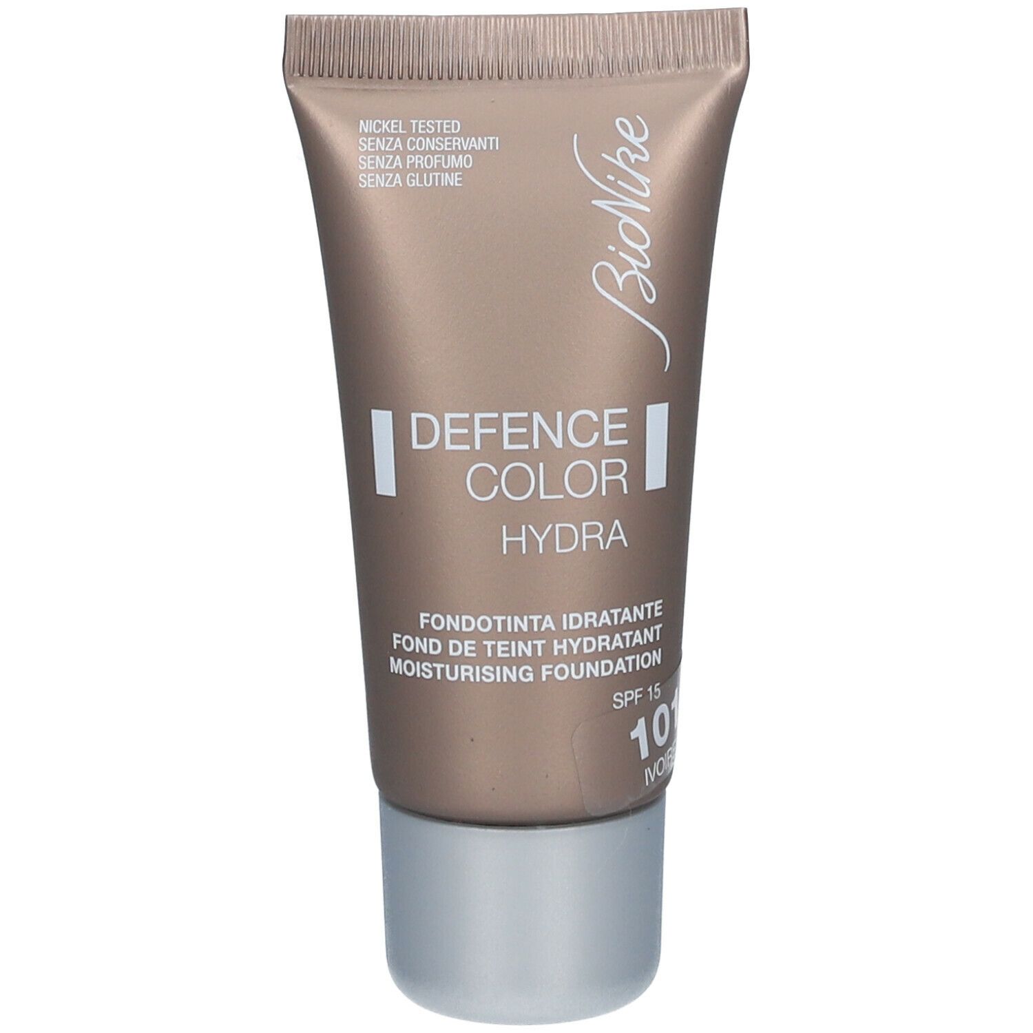BioNike DEFENCE COLOR Hydra Foundation tube. Beige tube met zilveren dop. Tekst en logo.