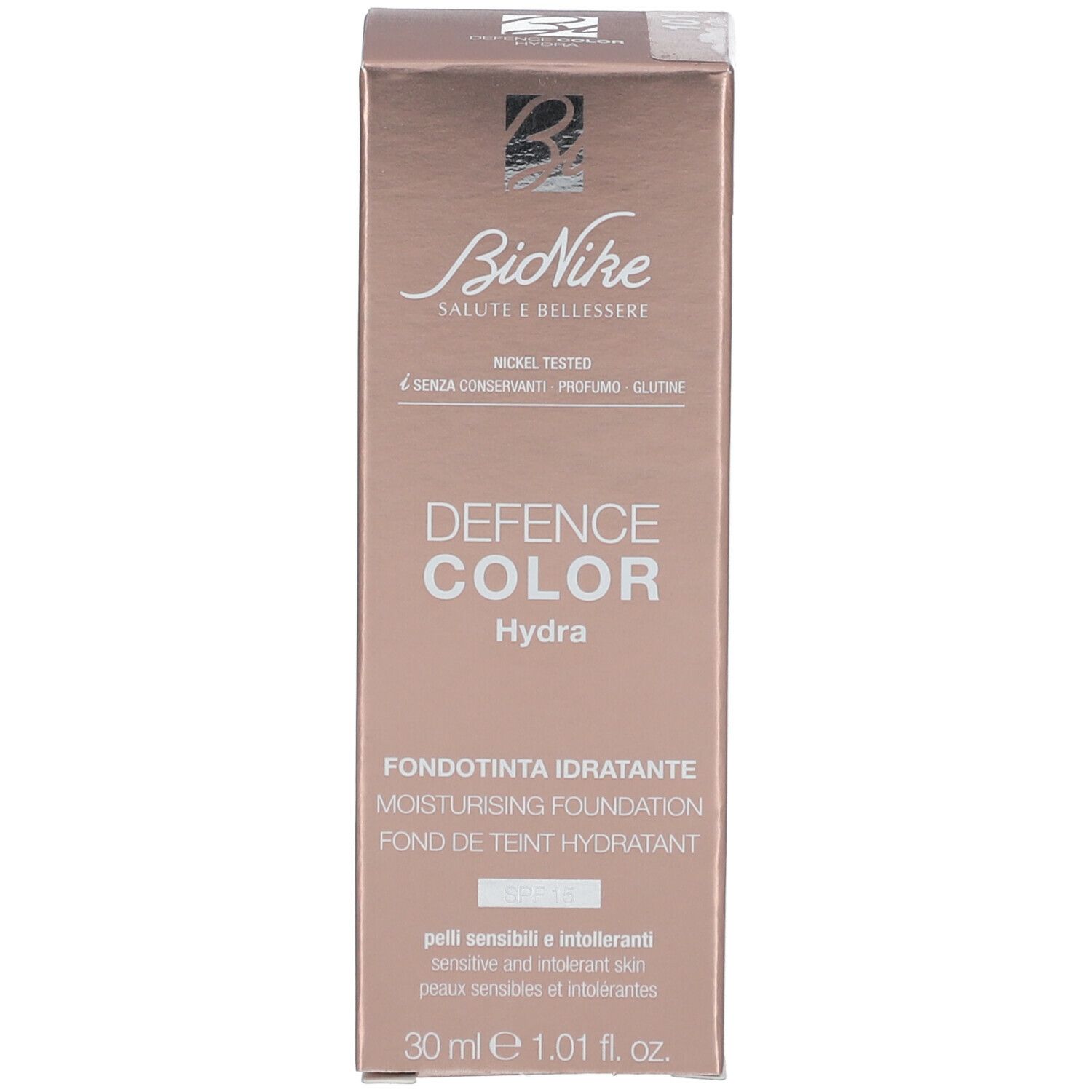 BioNike DEFENCE COLOR Hydra Foundation verpakking. Beige doos met logo en productnaam.