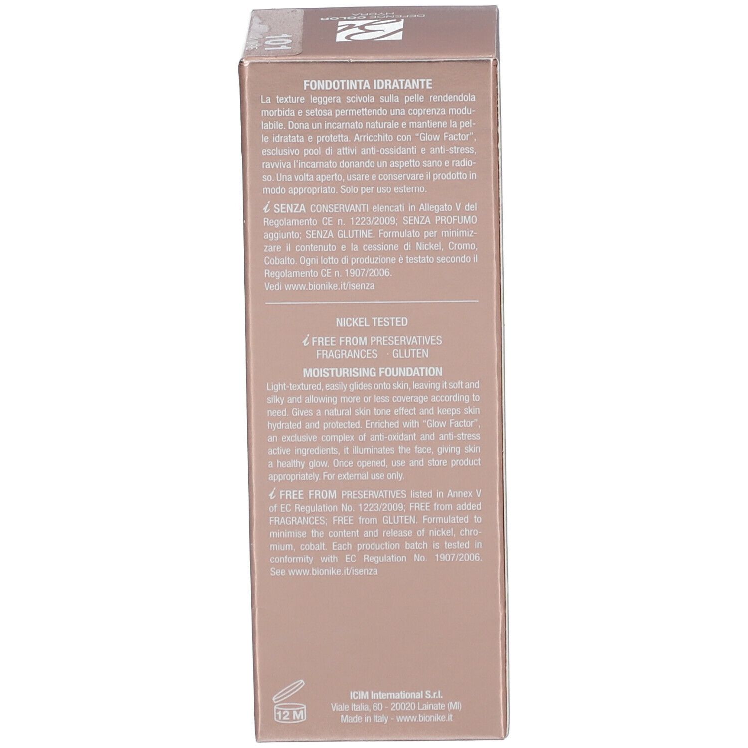 Zijkant van de BioNike DEFENCE COLOR Hydra Foundation verpakking. Meertalige tekst, ingrediënten.