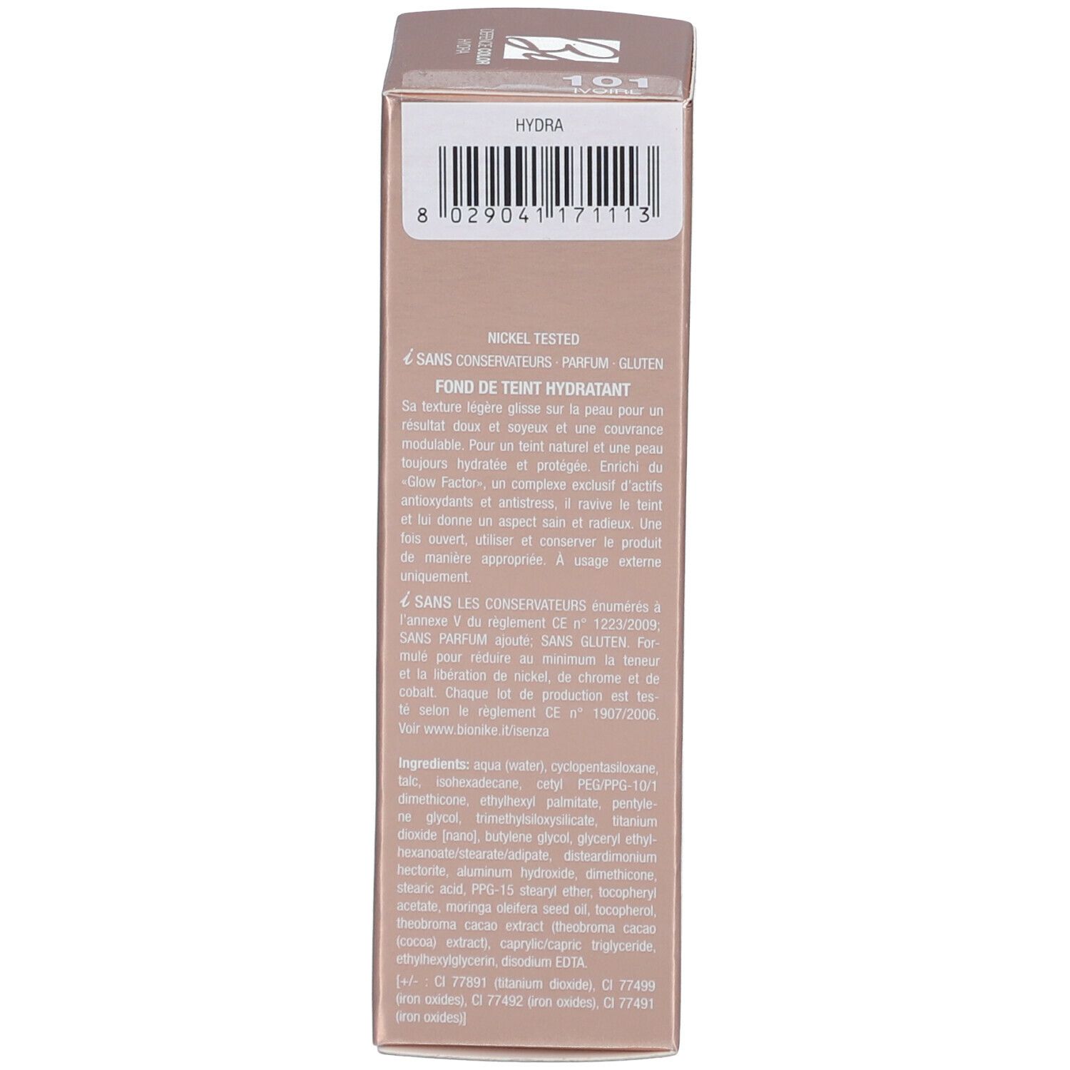 Zijkant van de BioNike DEFENCE COLOR Hydra Foundation verpakking. Meertalige tekst, ingrediënten.