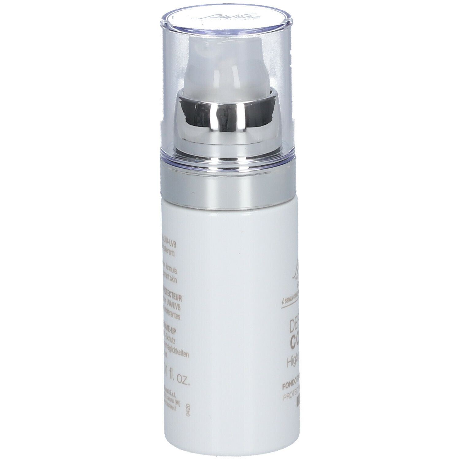 Flacon blanc avec pompe. Inscription: DEFENCE COLOR High protection. Marque: BioNike. Texte au dos.