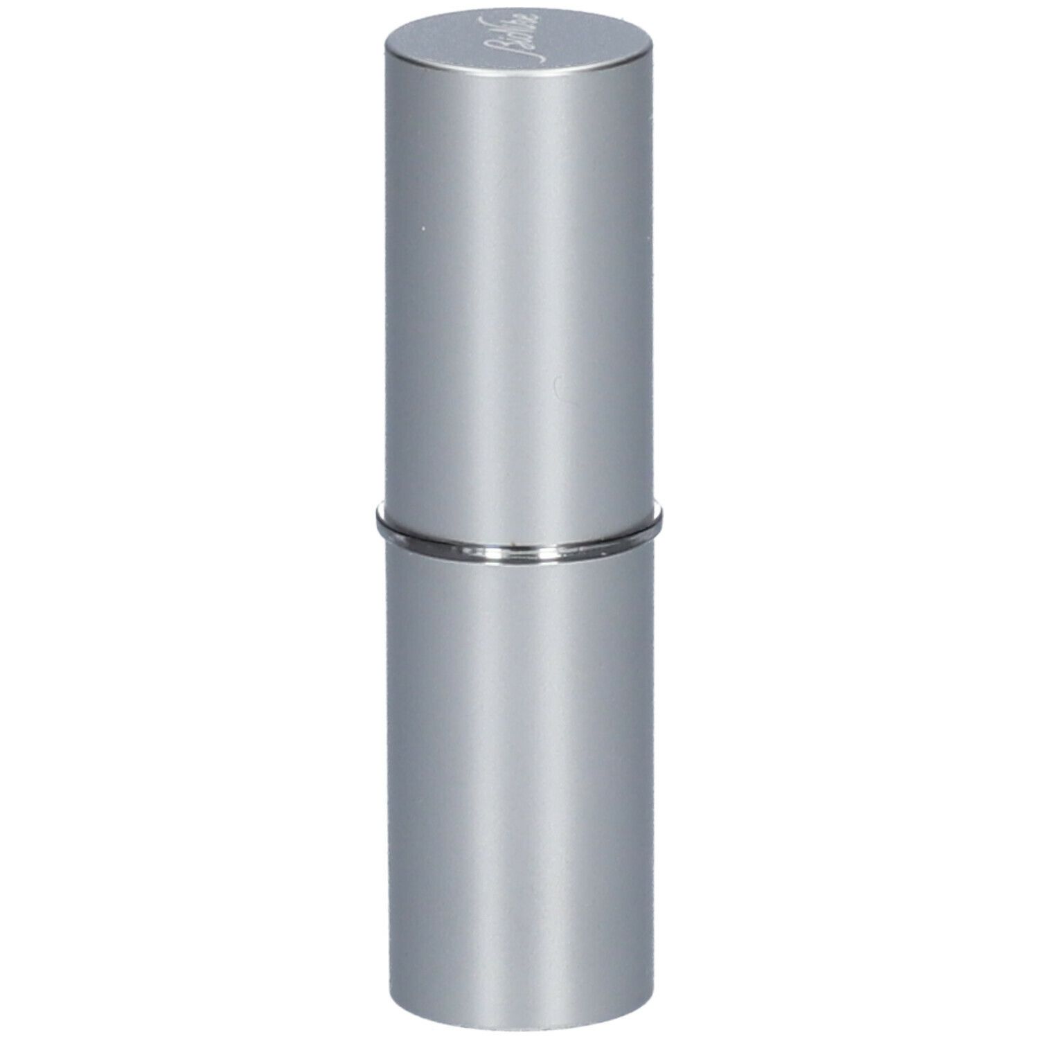 Rouge à lèvres cylindrique argenté. Le couvercle porte le nom de la marque.