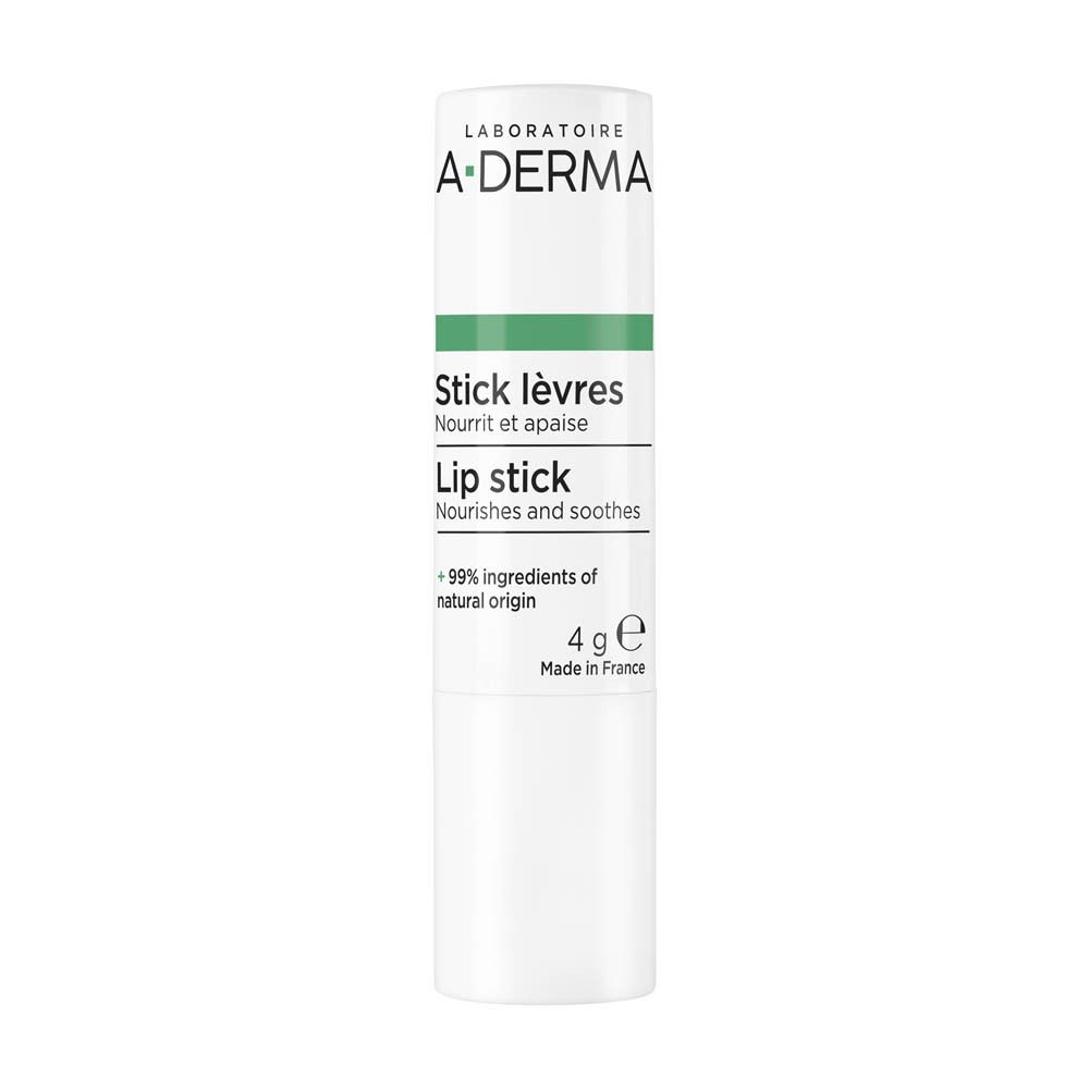 A-Derma lippenstift. Witte stick met groen logo. Tekst: Stick lèvres, Lip stick, 4g. Made in France.