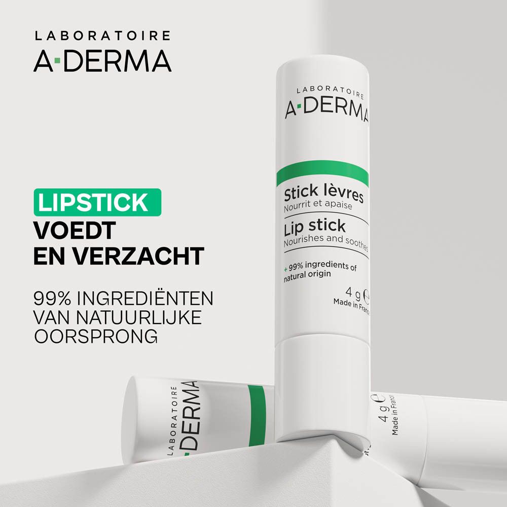 A-Derma lippenstift. Witte stick met tekst. Tekst: Stick labial, Lippenverzorging.