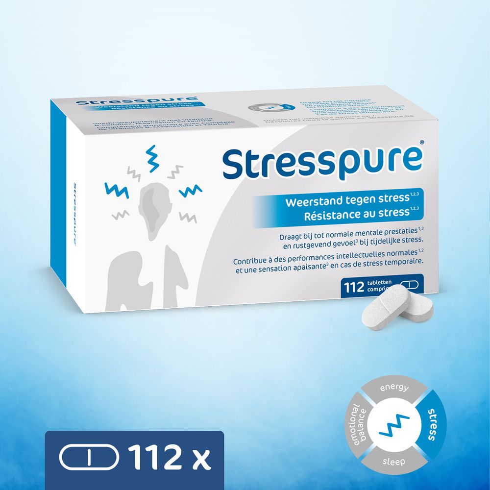 Doos Stresspure ®. Tekst: Weerstand tegen stress. 112 tabletten. Twee tabletten ernaast.