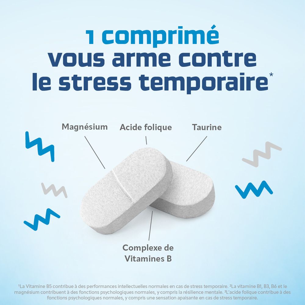 Deux comprimés. Texte: 1 comprimé vous arme contre le stress temporaire. Ingrédients: Magnésium, etc.